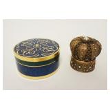 1032	MIKIMOTO BRASS ROUND ENAMELED COVERED BOX WITH PEARL AND KINGS CROWN COVERED BOX WITH PEARL, LA