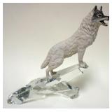 1042	PORCELAIN FIGURE OF WOLF ON GLASS ICE SCULPTURE, APPROXIMATELY 12 IN X 11 3/4 IN H