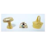 1068	LOT OF 3 GILT MINIATURE PILL/SACCHARINE BOXES, PURPLE, BASKET (FLORENZA) & MUSHROOM