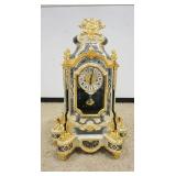 1070	LE ORE ITALIAM SHELF CLOCK WITH GILT METAL HORSES AND TRIM. CLOCK CASE IN MOTHER OF PEARL FINIS