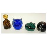 1075	LOT OF 4 BLOWN ART GLASS PAPERWEIGHTS INCLUDING A SLEEPING CAT & OWL, SPHERE W/SILVER SIGNED ON
