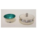 1087	STERLING MINIATURE PILL/SACCHARINE COVERED BOX & TOWLE GREEN ENAMEL LINED STERLING BOWL, 1.9 TO