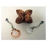 1089	PAIR OF SHELL SPOONS W/APPLIED SILVER HANDLES HAVING PEARLS & STONES AT TOP, LARGEST IS APPROXI