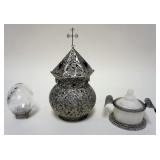 1092	3 PIECE LOT INCLUDING ORNATE SCROLLED WIRE COVERED VASE SHAPED SCULPTURE W/PYRAMID TOP & CROSS 