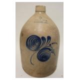 1130	BLUE DECORATED 3 GALLON JUG FRANK R MORTON WORCHESTER MASS, APPROXIMATELY 16 IN HIGH