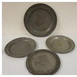 1132	LOT OF 4 ANTIQUE PEWTER CHARGERS, LARGEST IS APPROXIMATELY 18 1/4 IN