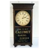 1134	ANTIQUE WALL CLOCK, REPAIRED GLASS BOTTOM, CALMUT BAKING POWDER, APPROXIMATELY 5 IN X 17 IN X 3