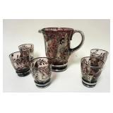 1135	AMETHYST WATER SET W/SILVER OVERLAY DESIGN, 8 IN PITCHER W/5 TUMBLERS