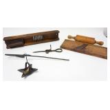 1143	GROUP OF ASSORTED PRIMITIVES INCLUDING WROUGHT IROM BETTY LAMP AND SPIKE CANDLE HOLDER, WOOD GR