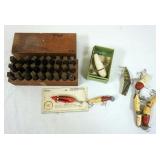1144	LOT OF FISHING LURES AND LOT OF ALPHA STEEL STAMPS IN WOOD BOX