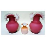 1145	LOT OF 3 PEACH AND CRANBERRY SATIN GLASS VASES, TALLEST APPROXIMATELY 10 IN