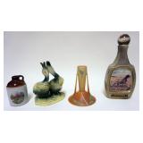 1146	4 PIECE LOT INCLUDING ART POTTERY BUD VASE, HULL DUCKS, BEAM BOTTLE AND MINIATURE 2 TONE JUG