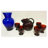 1158	DEPRESSION ERA WRURY WATER SET AND COBALT 11 IN VASE