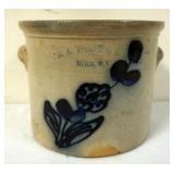 1167	WHITES UTICA BLUE FLOWER CROCK WITH REPAIRS, APPROXIMATELY 7 IN H