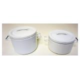 1183	2 WHITE ENAMELED DOUBLE HANDLE COVERED POTS, LARGEST APPROXIMATELY 7 IN H
