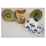 1207	LOT MAJOLICA 8 1/2 IN PLATES, 8 1/2 IN PITCHER AND ENGLISH COVERED CHEESE DISH