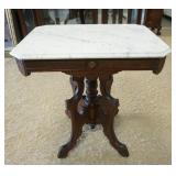 1210	VICTORIAN MARBLE TOP TABLE, APPROXIMATELY 20 IN X 28 IN X 30 IN H