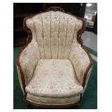 1218	TUFTED BACK FLORAL UPHOLSTERED ARM CHAIR, SOME DISCOLORATION ON ARMS