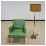 1229	MID CENTURY MODERN VINYL ARM CHAIR AND FLOOR LAMP, CHAIR APPROXIMATELY 25 IN X 25 IN X 32 IN H