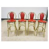1251	LOT OF 4 BRASS BAR STOOLS WITH RED VINYL SEATS AND BACKS, APPROXIMATELY 44 IN H