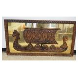 1253	LARGE FRAMED WOOD VIKING SHIP ON BRASS BACKDROP, APPROXIMATELY 64 IN X 34 IN