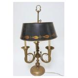1001	BRASS BOUILLOTE TABLE LAMP W/3 FRENCH HORN STYLE LAMPS & TIN PAINT DECORATED SHADE, APPROXIMATE