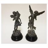 1026	PAIR OF VICTORIAN STYLE CAST METAL STATUES MOUNTED ON WOOD BASES, APPROXIMATELY 13 IN HIGH