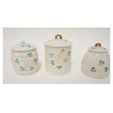 1036	BELLEEK IRISH CHINA, LOT OF 3 COVERED JARS, LARGEST IS APPROXIMATELY 4 1/2 IN HIGH