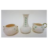 1037	BELLEEK IRISH CHINA, 3 PIECE LOT INCLUDING CREAM & SUGAR & 5 1/2 IN HIGH VASE