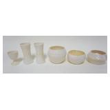 1041	BELLEEK IRISH CHINA, LOT OF 6 W/VASES, SMALL BOWLS & EGG CUP, GREEN & BROWN MARKS, LARGEST IS A