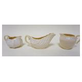 1043	BELLEEK IRISH CHINA, LOT OF 3 PITCHERS, GREEN & BLACK MARK, LARGEST IS APPROXIMATELY 3 1/2 IN H