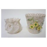 1047	BELLEEK IRISH CHINA, 2 VASES W/APPLIED FLOWERS, ONE IN THE FORM OF A BASKET, GREEN MARK, APPROX