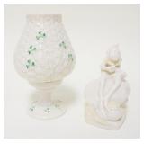 1049	BELLEEK IRISH CHINA, IRISH LEPRECHAUN & 2 PART CANDLE HOLDER, GREEN & BROWN MARK, TALLEST APPRO