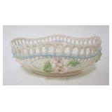 1050	BELLEEK IRISH CHINA, LATTICE WORK OVAL BOWL W/APPLIED FLOWERS, APPROXIMATELY 5 1/2 IN X 7 IN X 