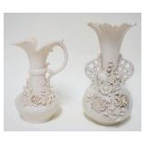 1051	BELLEEK IRISH CHINA, 2 PIECE LOT DOUBLE HANDLED VASE & PITCHER W/APPLIED FLOWERS, TALLEST IS AP