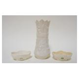 1052	BELLEEK IRISH CHINA, 3 PIECE LOT INCLUDING VASE & 2 MASTER SALTS, GREEN MARK, VASE APPROXIMATEL