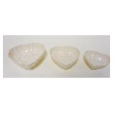 1053	BELLEEK IRISH CHINA, NEST OF 3 HEART SHAPED DISHES, BROWN MARK, LARGEST APPROXIMATELY 6 1/2 IN 