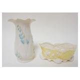 1054	BELLEEK IRISH CHINA, VASE & OVAL BOWL, BROWN MARK, VASE APPROXIMTELY 6 IN HIGH