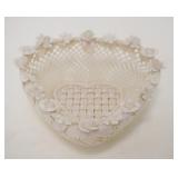 1055	BELLEEK IRISH CHINA, LATTICE WORK BASKET, HEART SHAPED DISH W/APPLIED FLOWERS, APPROXIMATELY 6 