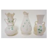 1056	BELLEEK IRISH CHINA, LOT OF 3 VASES, BROWN & GREEN MARKS, TALLEST APPROXIMATELY 7 IN
