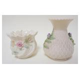 1057	BELLEEK IRISH CHINA, LOT OF 2 VASES W/APPLIED FLOWERS, GREEN MARK, LARGEST APPROXIMATELY 5 1/4 