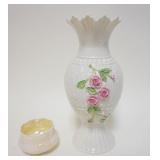 1060	BELLEEK IRISH CHINA, 2 PIECE LOT INCLUDING LARGE 11 IN HIGH VASE W/APPLIED FLOWERS & SMALL BOWL
