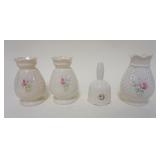 1064	DONGLE IRISH PARIAN CHINA, 4 PIECE LOT, 3 VASES & DINNER BELL, TALLEST APPROXIMATELY 5 IN