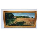 1069	OIL PAINTING ON BOARD PANORAMIC FARM SCENE W/FARM HOUSE & BARNS IN FIELD SIGNED B HALL, APPROXI