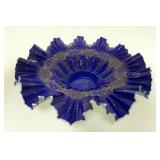 1070	VICTORIAN CASED GLASS COBALT DISH, RUFFLED EDGE W/HAND PAINTED FLORAL & VINE ACCENTS, APPROXIMA