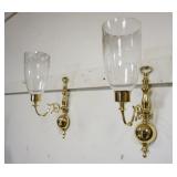 1071	PAIR OF BRASS COLONIAL STYLE CANDLE SCONCES, WALL HANGING W/GLASS HURRICANE SHADES, APPROXIMATE