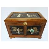 1074	ASAIN JEWLERY CHEST W/APPLIED STONE FIGURAL CARVINGS, APPROXIMATELY 10 IN X 16 IN X 11 1/2 IN H