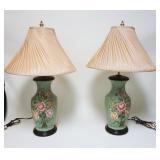 1075	PAIR OF POTTERY TABLE LAMPS W/FLORAL DECORATIONS, APPROXIMATELY 30 IN