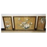 1077	3 ASIAN PRINTS DEPICTING BIRDS PERCHED ON FLOWERS, EACH CHARACTER SIGNED, LARGEST APPROXIMATELY