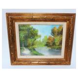1082	FRAMED OIL PAINTING ON CANVAS OF STREAM & WOODS, APPROXIMATELY 14 IN X 17 IN OVERALL
